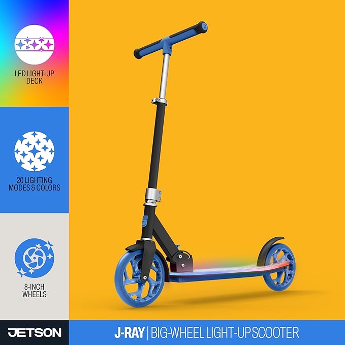 Jetson Jupiter Kids 2-Wheel Light-Up Kick Scooter, LED Lights on Handlebar, Stem, Wheels & Deck, Adjustable Handlebar, Rear Brake, Easy-Folding Mechanism, Ages 5+