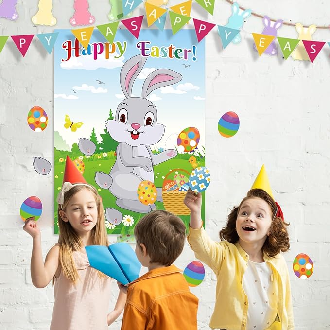 PLULON Easter Pin Game for Kids Pin The Tail on The Bunny Pin Easter Egg on Rabbit Stickers Large Poster Backdrop for Easter Decorations Family Classroom Activities Easter Egg Hunt Party Supplies