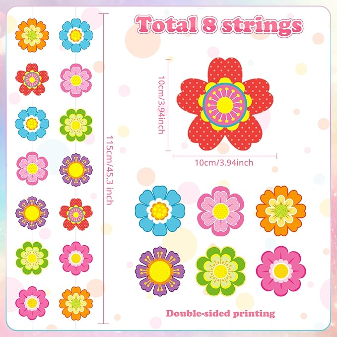 Capoda 8 Pcs Spring Flower Garland Decorations Colorful Flower Paper Garlands Hawaiian Hibiscus Paper Cutouts Floral Hanging Decor for Summer Birthday Theme Party Supplies