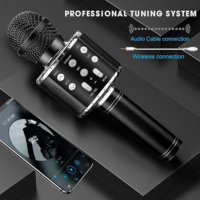 ShinePick Karaoke Microphone, 4 in 1 Wireless Microphone with LED Lights Handheld Portable Karaoke Machine, Home KTV Player, Compatible with Android & iOS Devices(Black)