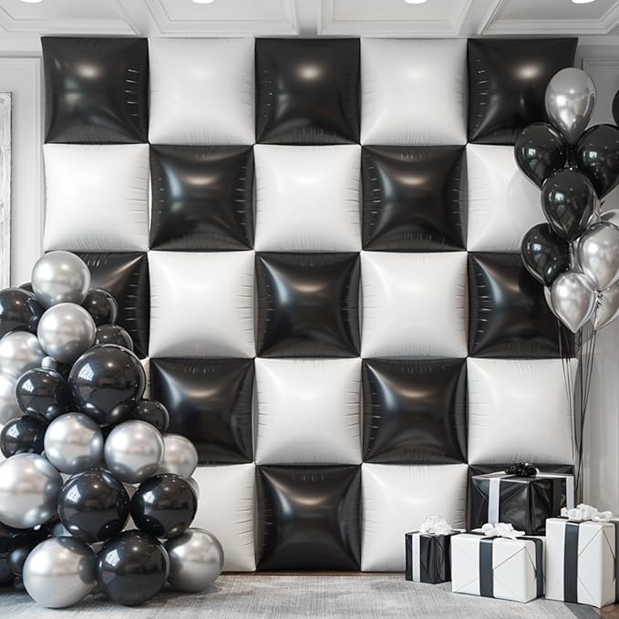 Black White Square Foil Balloon Wall,25Pcs Sand White Black Double Sided Foil Balloons Backdrop Helium Polyester Tunnel Arch Garland Kit for Birthday Bridal Anniversary Party Decorations