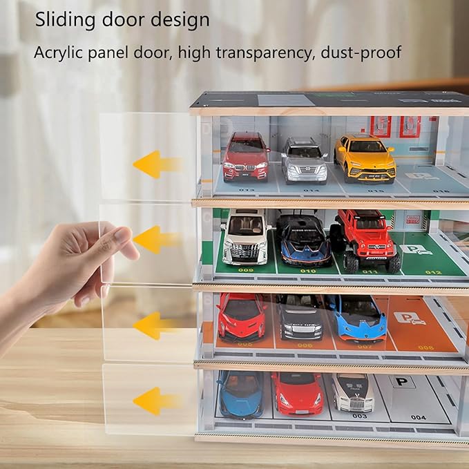 Diecast Car Model Display Case 4 Tiers 1:24 Scale,with LED Light and Acrylic Dust Cover Toys Car Model Display Stand ,Parking Lot Scene Hot Diecast Wheels Collectible Car Model Storage Cabinet