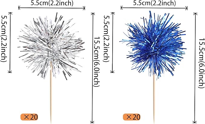 40 PCS Foil Firework Cupcake Toppers Sparkle Tinsel Cupcake Picks Fireworks Birthday Party Decorations Cocktail Fruit Toothpick for Birthday Wedding Graduation Party Decorations Supplies Silver Blue