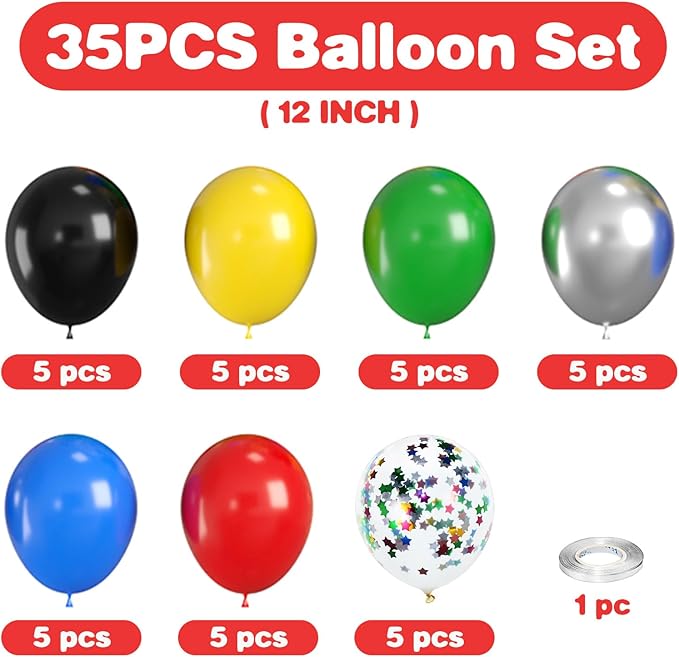 Red Yellow Blue Balloon, Multicolor Balloons with Black Red Blue Yellow Green Silver Balloons and Colorful Confetti Balloon for Birthday, Themed Party Supplies