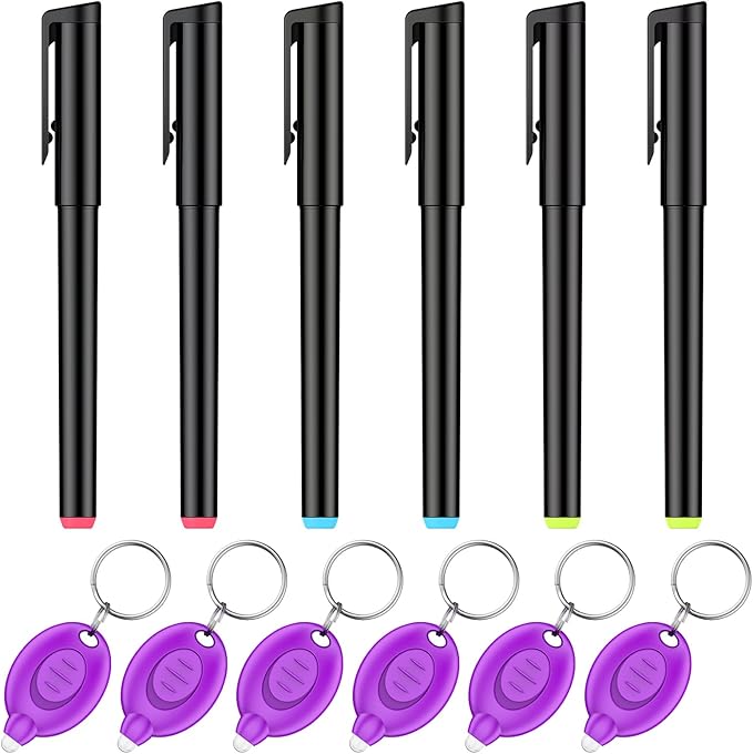Uniclife 6 Pcs Invisible Ink Pen with 6 Pcs UV LED Keychain Flashlight, Spy Pen, Disappearing Ink Magic Pen for Secret Notes, Magic Spy Marker with Purple Light for Christmas Halloween Holiday Present