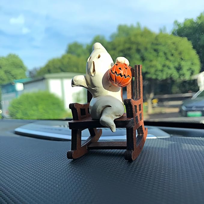 Funny White Pumpkin Ghost on Rocking Chair Statues Figures Ornaments for Car Dashboard Decorations Accessories Interior Dash Board Charms Birthday Cake Toppers Decoration Desk Decor