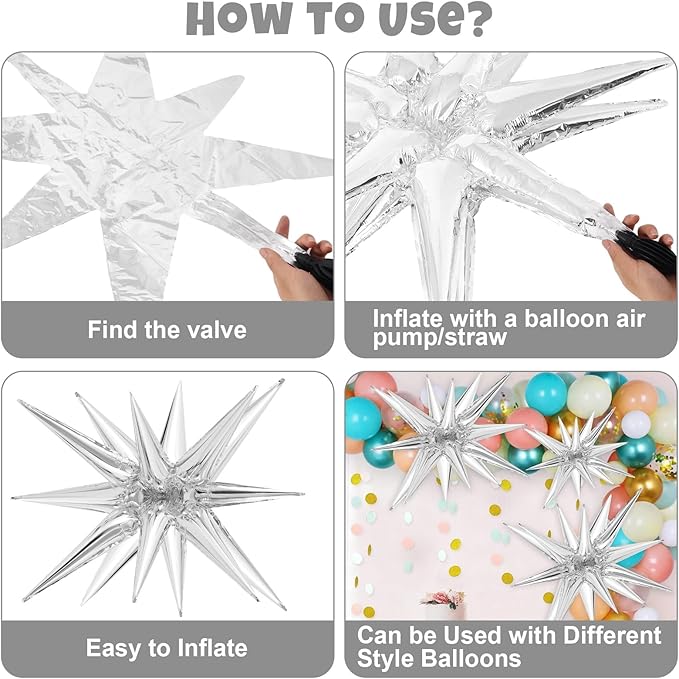 10 Pcs Silver Star Balloons Explosion Balloons Foil Cone Balloon Magic for Birthday Wedding Anniversary Party Backdrops Decorations Supplies, 6 Pcs 22 Inches and 4 Pcs 27 Inches