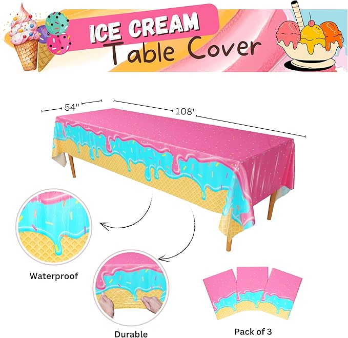 Blue Orchards Ice Cream Table Cover (Pack of 3) - Ice Cream Party Table Cloth Disposable Tablecloth Plastic Table Cover Party Decorations Birthday Baby Shower Backdrop