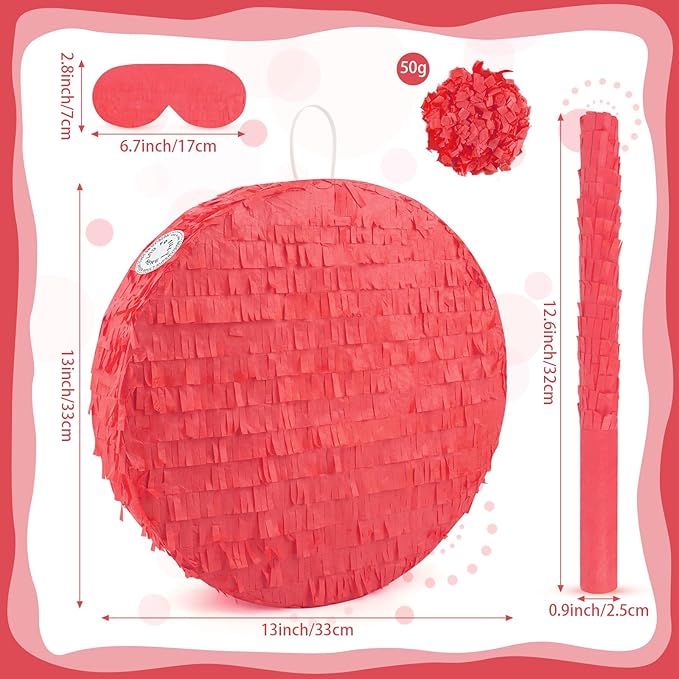 Red Round Pinata with Stick Blindfold and Confetti DIY Blank Pinata for Adults Kids Birthday Party Supplies Carnivals Thanksgiving Christmas Decorations