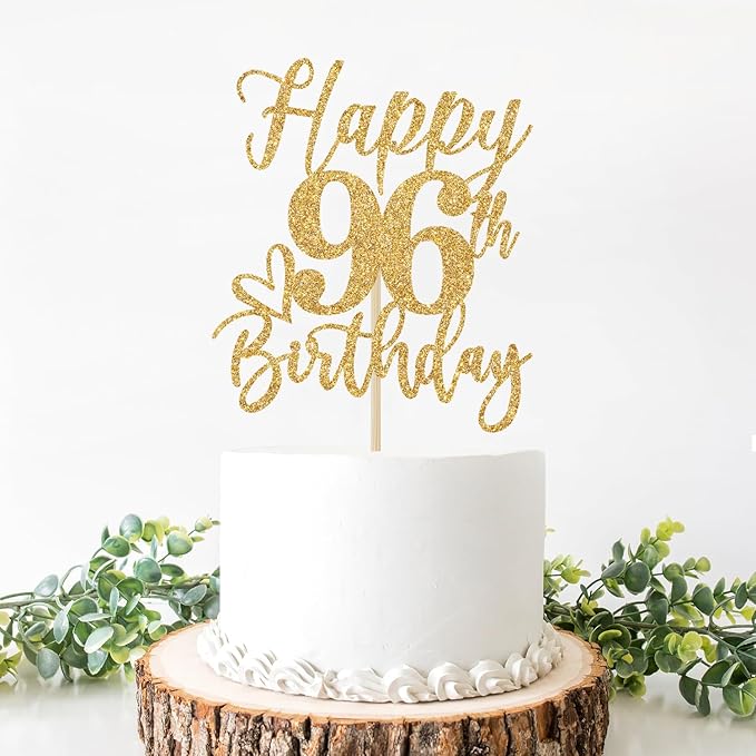 Happy 96th Birthday Cake Topper, 96th Birthday Decorations for Men/Women, Cheers to 96 Years, 96 Fabulous, 96th Happy Birthday Party Supplies Gold Glitter