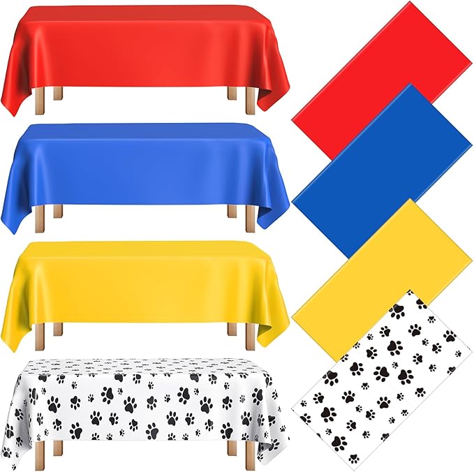 4 Pack Puppy Dog Pet Paw Print Plastic Tablecloth 54 x 108 Inches Red Blue Yellow Table Cover Paw Print Disposable Rectangle Table Cover for Pet Blue Dog Birthday Party Supplies