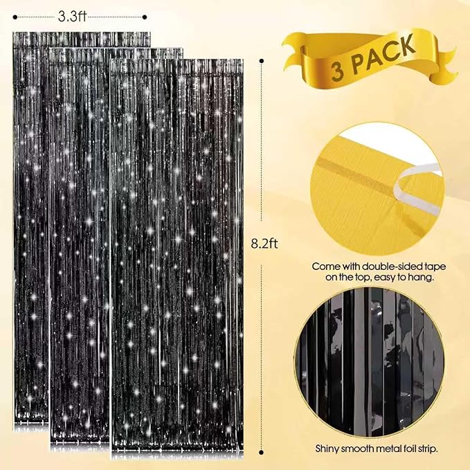 3 Pack Shiny Black Backdrop Party Decorations Tinsel Curtain Party Backdrop Foil Fringe Birthday Decorations Photo Booth Streamer Black Theme Bachelorette Graduation Party Decorations