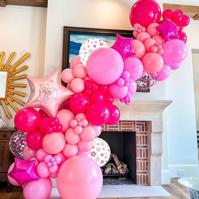 Hot Pink Balloons, 50Pcs 12 Inch Macaron Metallic Pink White Flower-Printed Magenta Confetti Birthday Balloons for Girls Women Birthday Princess Theme Party Decorations Bridal Baby Shower Wedding