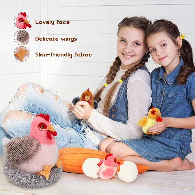 8Pcs Chicken Stuffed Animal, Stuffed Pink Hen with Little Baby Chicks and Coop, Plush Toys for Kids, Hit of Christmas Farm Party