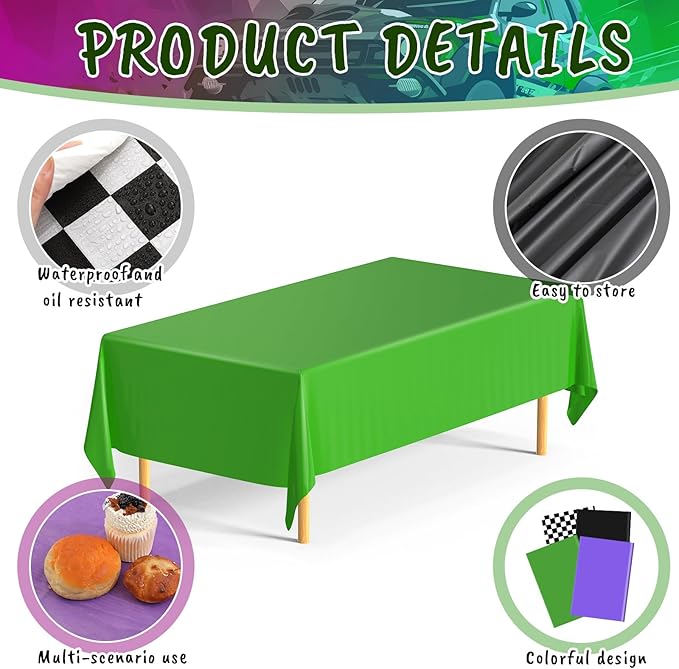 4 Pack Race Car Checkered Plastic Tablecloth 54 x 108 Inches Purple Green Truck Table Cover Black White Gingham Disposable Rectangle Table Cover for Birthday Party Outdoor Camping