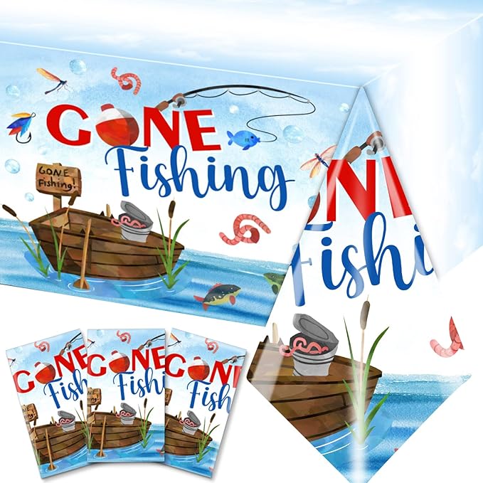 GREHUMOR 3Pcs Gone Fishing Tablecloth for Fishing Party Supplies Decoration Little Fisherman Themed Table Cover Plastic Disposable Rectangular Birthday Summer Party Decorations