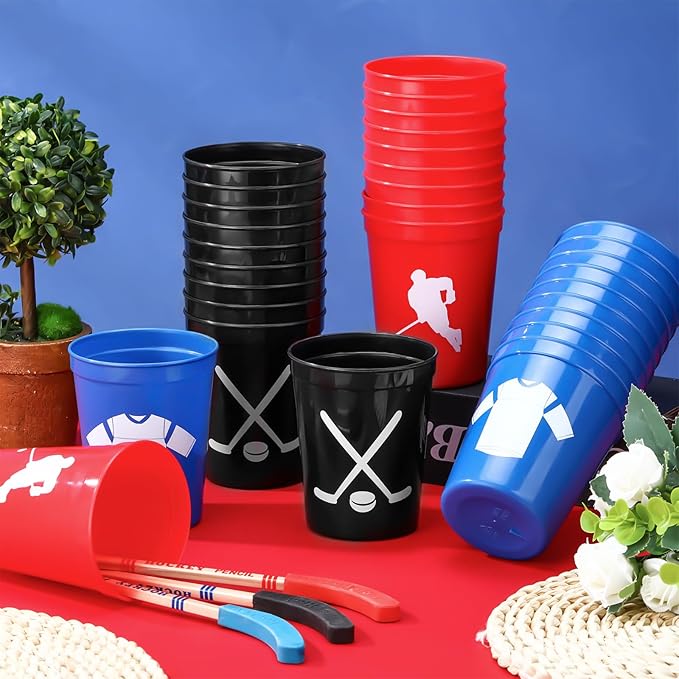 Zhehao 30 Pcs Sport Ball Plastic Cups Hockey Football Basketball Plastic Reusable Drink Cups Bulk 16 oz Stadium Tumbler Stackable Sports Tumbler for Sport Party Supplies(Hockey,Blue, Red, Black)