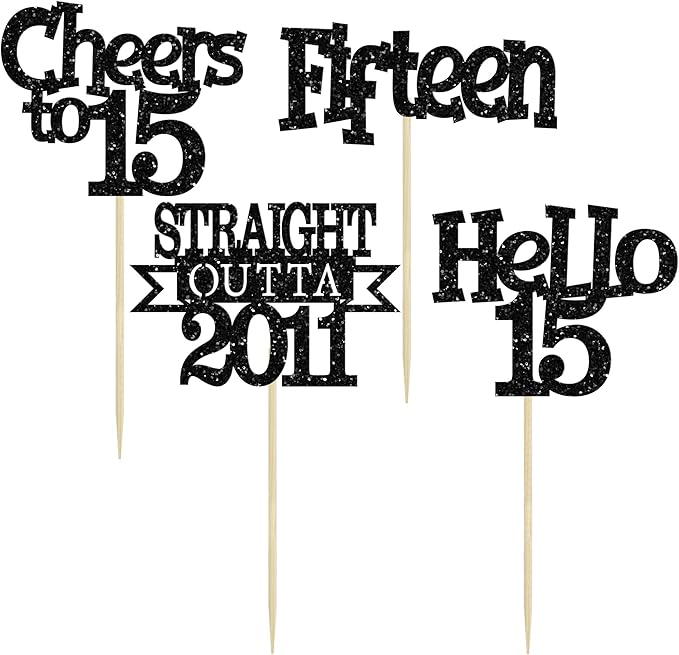Ephlyn 24Pcs 15th Birthday Cupcake Toppers Glitter Straight Outta 2011 Cupcake Picks Hello 15 Cheers to 15 Years Cake Decorations for 15th Birthday Anniversary Party Decorations Supplies Black