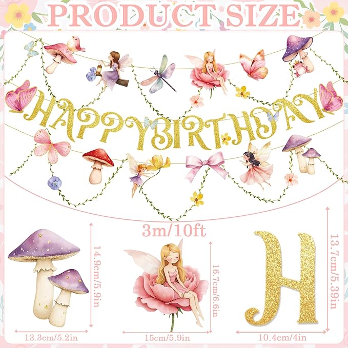 Paper Jazz Fairy Birthday Banner with Butterfly Fairy Party Decorations Mushroom Decor Fabric Vines Paper Garlands Decorations for Birthday,Garden Tea Party,Baby Shower.