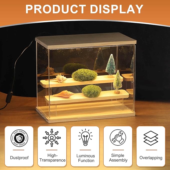 MECCANIXITY Clear Display Case, 3 Layer Acrylic Figure Display Case Clear Display Boxes for Collectibles, Figures Model Toys Home Storage(with Square LED Light, 13x7x11 Inch Wood Base)