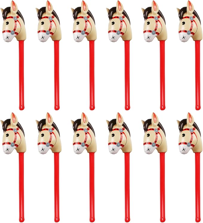12PCS Inflatable Stick Horse,Blow Up Horse Head on Stick Pony Costume Western Cowboy Cowgirl Baby Shower Birthday Party Decorations Halloween Supplies Favors Props, 38 Inches (Red)