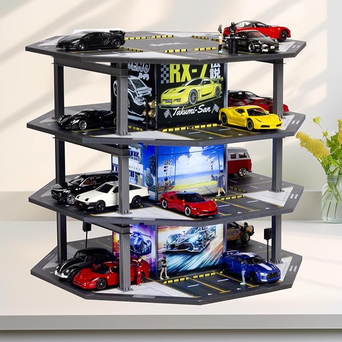 1/64 Scale Octagonal Building Style Display Case Car Garage Moldel with LED Light and Diecast Car Show Case 48 Parking 4th Floor