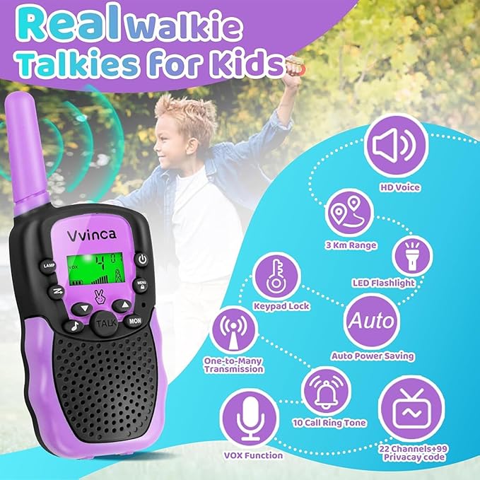 Vvinca Rechargeable Walkie Talkies for Kids 4 Pack, 5-7 Year Old Boy Toys Long Range 22 Channels 2 Way Kids Walkie Talkie with Flashlight for Camping Hiking Indoor Outdoor 3 4 5 6-12 Girl Boy Gift