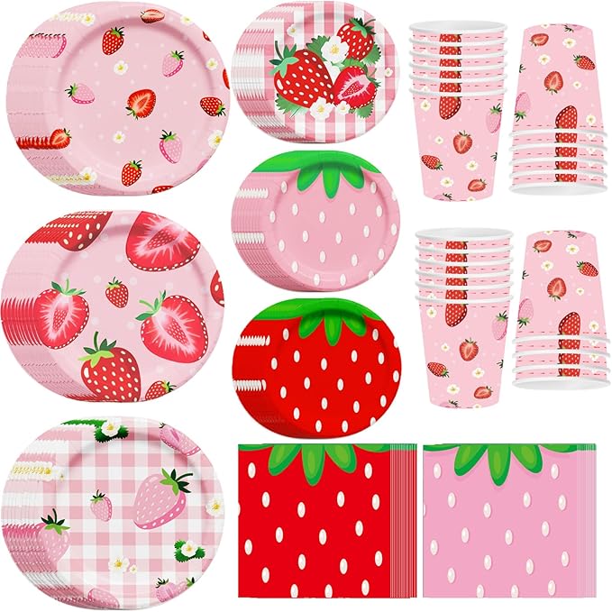 120PCS Strawberry Party Decoration Disposable Paper Plates, Cups, and Napkins for Strawberry Themed Party Decorations for Girl Boy Summer Sweet Baby Shower Supplies, Serve 30