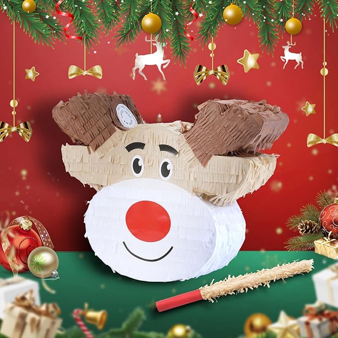 Christmas Reindeer Pinatas Bundle with a Blindfold and Bat (Small Size 16.5 x 12 x4 Inches), Holiday Theme Piñata, Christmas Party Supplies, Xmas Piñata, Party Decoration Games