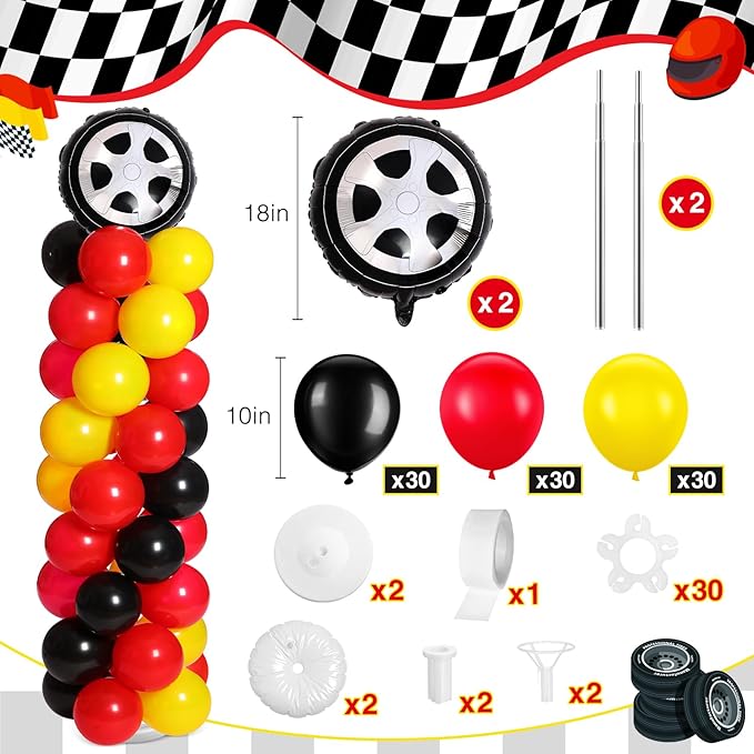 Ctosree 133 pcs Race Car Party Balloons Stand Kit Car Race Balloons Party Supplies Red Black Yellow Decoration