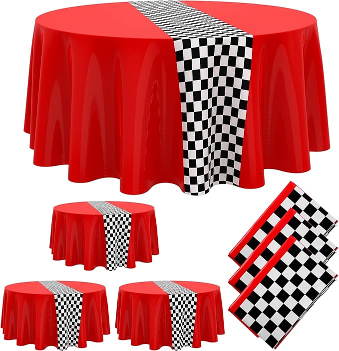 Oudain 3 Pcs Cars Birthday Party Supplies Racing Party Decorations Round Racing Tablecloth Checkered Flag Table Covers Road Plastic Table Cloth, 1950s Disco Dancing Party Tablecloth (Red)