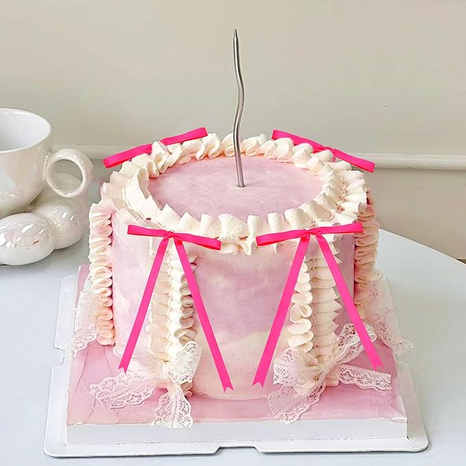 12 PCS Hot Pink Bow Cake Topper Bowknot Ribbons Coquette Bow Cake Decorations Dessert Picks for Pink Bows Birthday Party Bridal Baby Shower Wedding