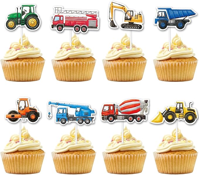 WERNNSAI 40 Pcs Construction Cupcake Toppers - Construction Birthday Party Supplies Truck Excavator Cake Toppers Picks for Kids Birthday Baby Shower Party Supplies