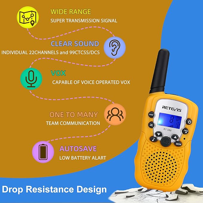 Retevis RT388 Kids Walkie Talkies, Toys Gifts for 6-12 Year Old Girls Boys, Mini Toy Walkie Talkie, Easter Birthday Gifts Outdoor Camping(Yellow 2 Pack)