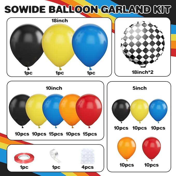 Racing Theme Balloons Arch Garland Kit, Blue Red Black Checkered Pattern Flag Foil Balloon, Racing Themed Decorations for Boys Birthday Party Baby Shower