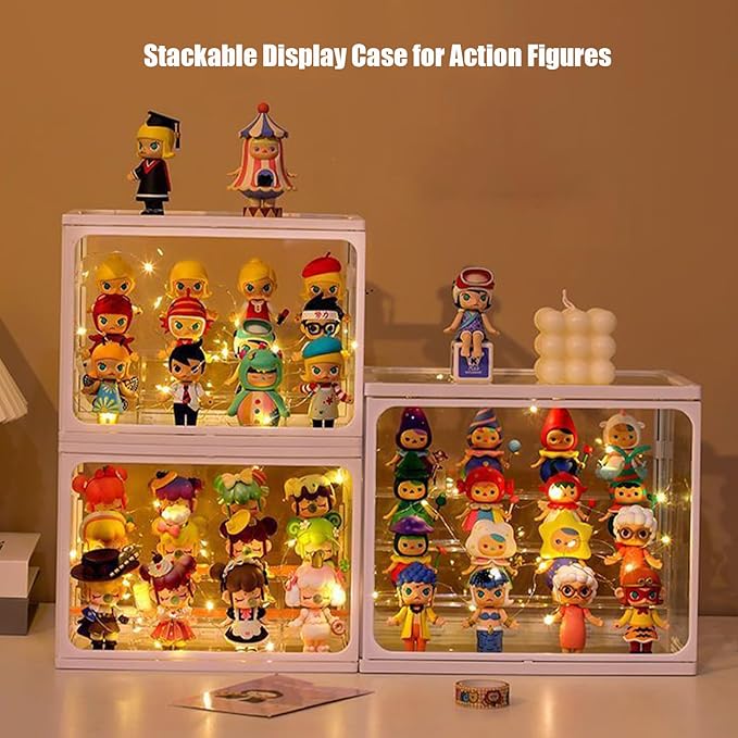 Large Glass Display Case for Figures with Light 3 Tier Clear Display Stand for Collectibles Stackable Assemble Display Box for Action Figures Toys Dustproof Clear Storage Box Showcase for Pop Mart