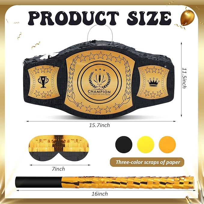 Mepase Wrestling Birthday Party Decorations Wrestling Belt Piñata with Blindfold and Bat World Heavy Weight Boxing Championship Theme Supplies for Sport Fans Themed Party Decorations