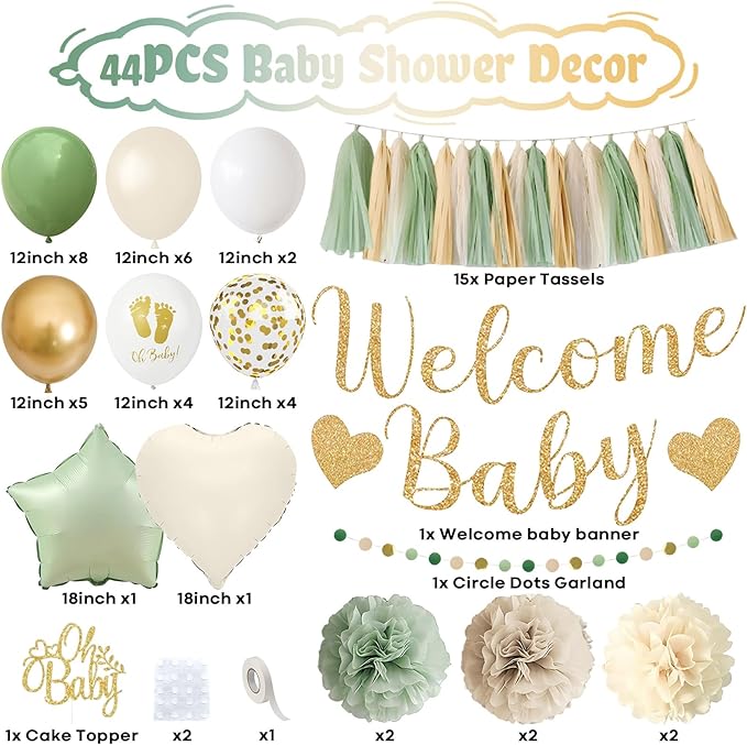 Sage Green Baby Shower Decorations, Welcome Baby Banner Olive Green Gold White Sand Confetti Latex Foil Balloons with Oh Baby Cake Topper Pom Poms Tassels for Boho Neutral Gender Reveal Party Supplies