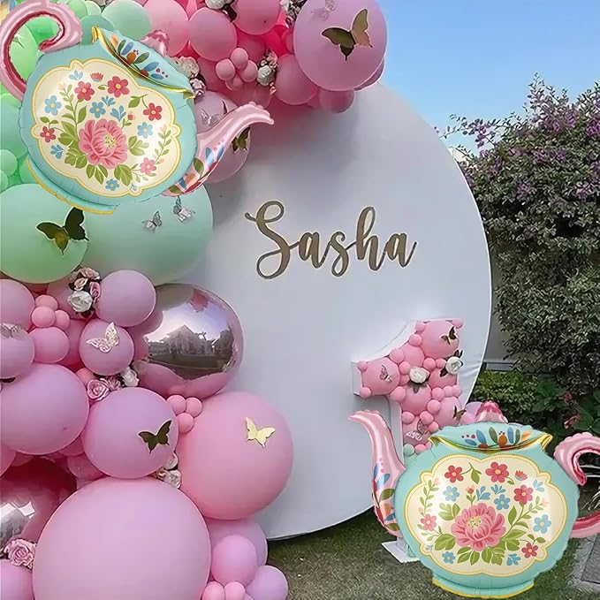 4 Pcs Tea Party Balloons, 35" Huge Teapot Aluminum Foil Balloons for Birthday, Baby Shower, Wedding, Bridal, Engagement, Bachelorette, Princess, Let's Par Tea Garden Party Decorations Supplies