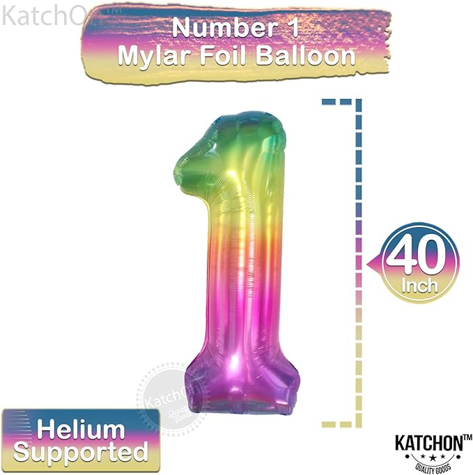 KatchOn, Giant Rainbow 1 Balloon Number - 40 Inch | Tie Dye Balloons | Rainbow 1st Birthday Decorations | 1 Balloon For First Birthday | Number Balloons for Anniversary Decorations