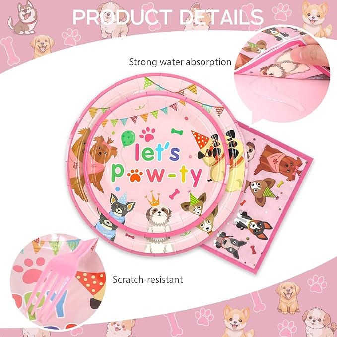 96pcs Dog Birthday Party Supplies Pink Pet Dog Paper and Napkins and Cups Baby Shower Dog Kids Birthday Party Decorations, Serves 24