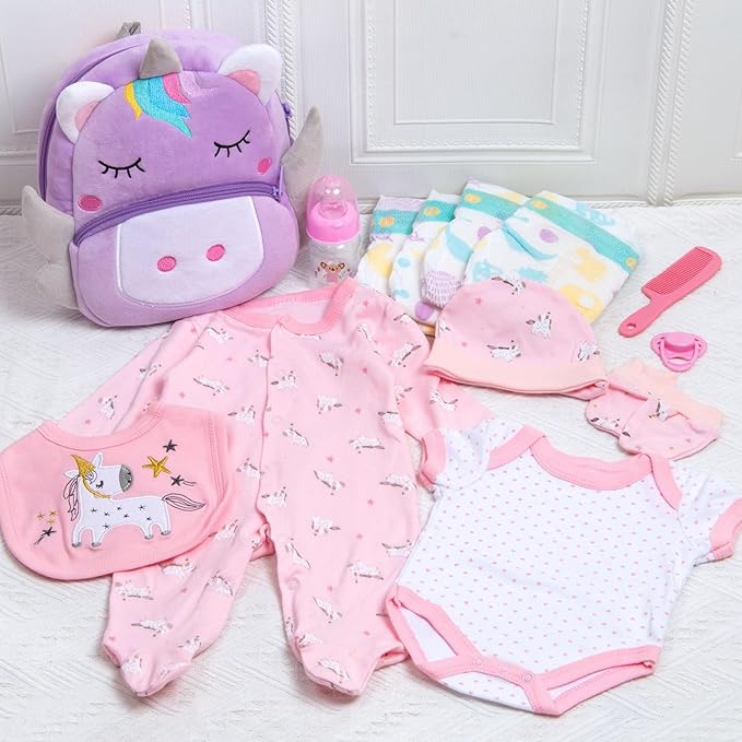 Pedolltree Reborn Baby Dolls Clothes Girl Unicorn Theme Outfit Accessories 13 Pcs for 17-22 Inch Reborn Dolls Newborn Baby Girl with Pink Unicorn Backpack