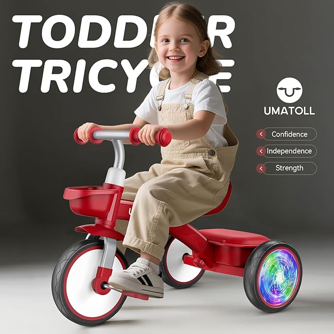 Umatoll Toddler Tricycle for 18 Month to 4 Year Old Boys Girls,Toddler Bike Toys with Adjustable Seat&Light-Up Wheels,Birthday Gift for Age 2-3 (Red)
