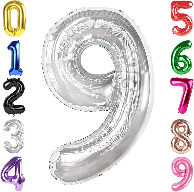 40 Inch Silver Number 9 Balloon, Giant 9 Number Balloons for 9th Birthday Decorations, Party Supplies for Baby Boy Girl, Silver Party Decor