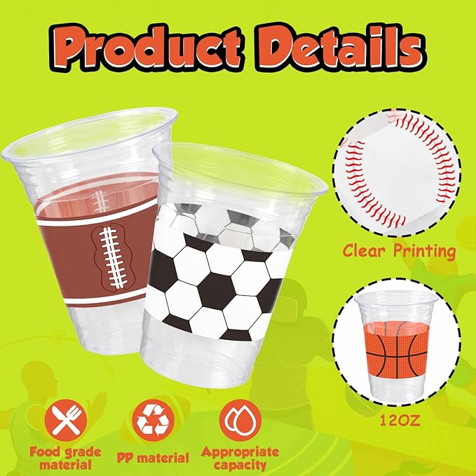 50Pcs Sports Party Decoration Cups, 12Oz Sports Plastic Disposable Cups for Kids Football Soccer Basketball Baseball Birthday Party Decorations Supplies Favors