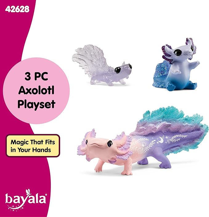 Schleich Bayala - 3PC Colorful Axolotl Figurine Toy Set - Mermaid Mythical Creature Playset for Girls and Boys - Cute Undersea Fairy Salamander Figures - Fantasy Animal Toys for Kids Ages 5+ | 42628