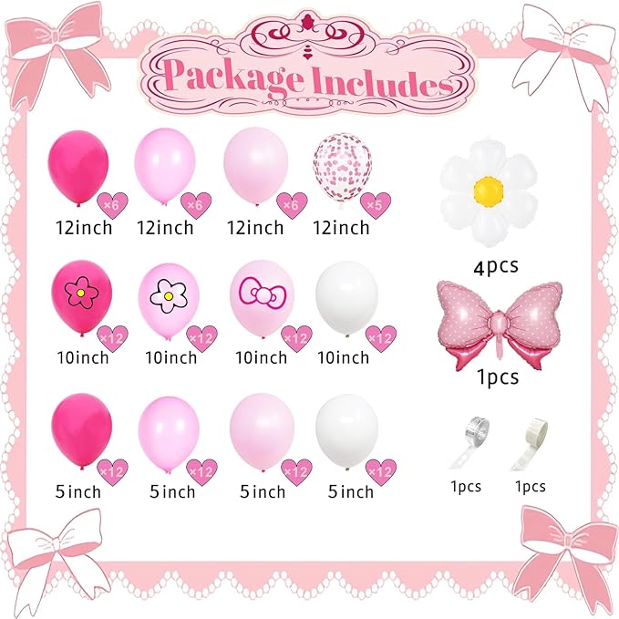 126 Pcs Pink balloon garland Arch Kit, Hot Pink Rose Red Balloons for Cartoon Cat Themed Birthday Party Decorations Girls Kids Gatherings Party Supplies