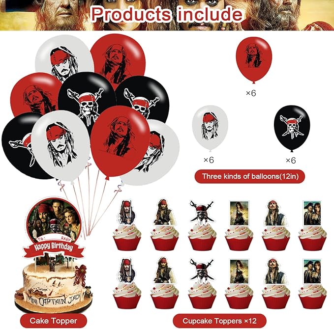 Pirates of the Caribbean Party Decorations,Birthday Party Supplies for Depp - Includes Banner, 12 Cake Toppers, 18 Balloons, 50 Stickers