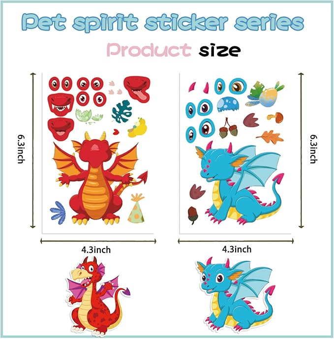 24 Sheet Dragon Stickers Make Your Own Dragon Sticker for Kids 3+, Cartoon Make-a-face Sticker Girls Boys Dragons Birthday Party Decorations,DIY Dragons Craft Birthday Party Favor Supplies