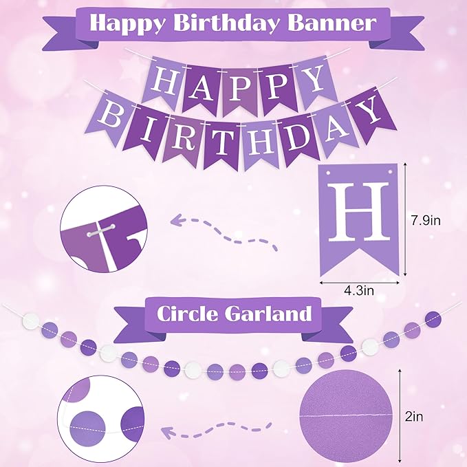 Ouddy Life Purple Birthday Party Decorations for Women Girls, Lavender Purple Pink Foil Confetti Balloons, Fringe Curtain, Cake Topper, Pompoms, Happy Birthday Banner Wedding Princess Party Supplies